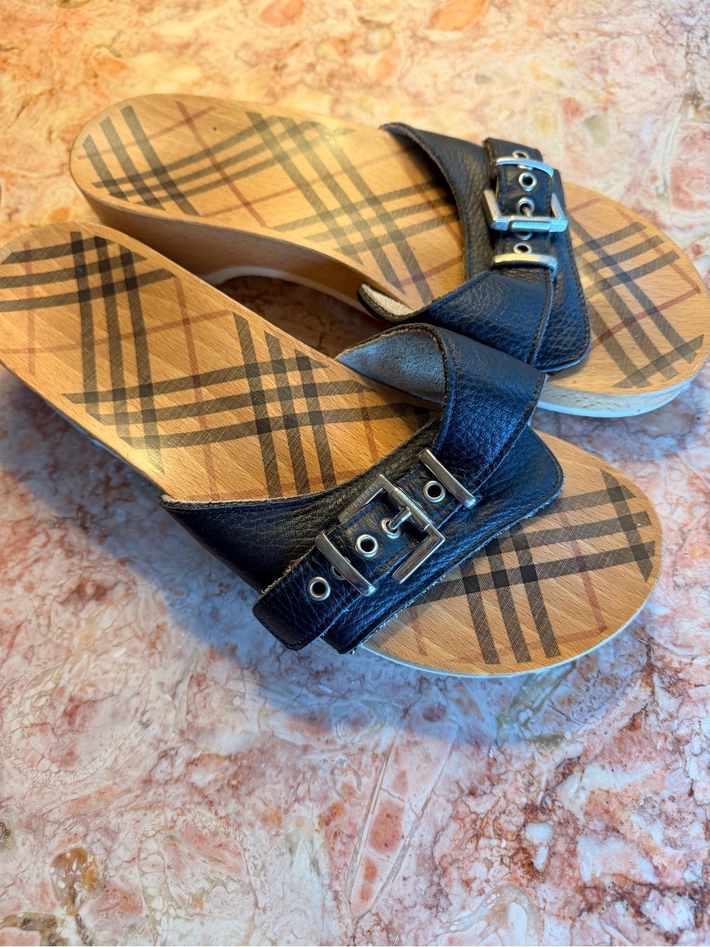 Burberry Black Leather Buckle Plaid Insole Slide Sandals - Picture 3 of 7
